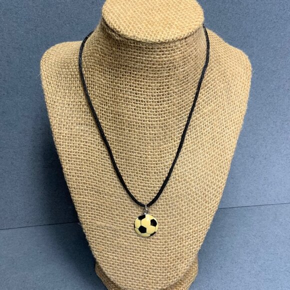 Soccer Ball Pendant Necklace 17 In Cord Cream Black Enamel Mom BFF Charm Silver - Picture 1 of 7